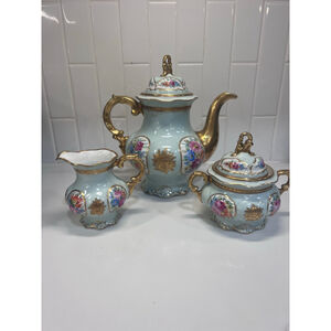 Vintage PW Bavaria Waldershof Hand Painted Echt Gold Tea Service Blue Teapot